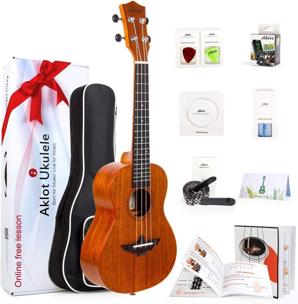 Aklot bamboo concert ukulele bundle