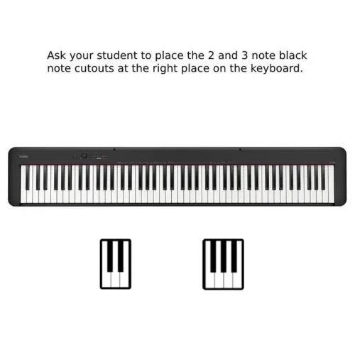 Image of a keyboard with sample piano cards displaying groupings of 3 and 2 black notes.