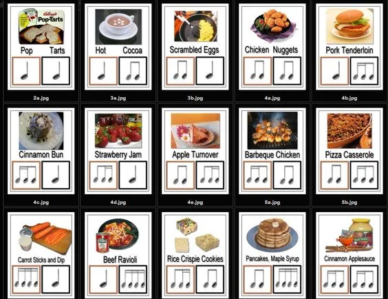 Words and rhythms sheet, which helps students associate the syllables of common words to foods.