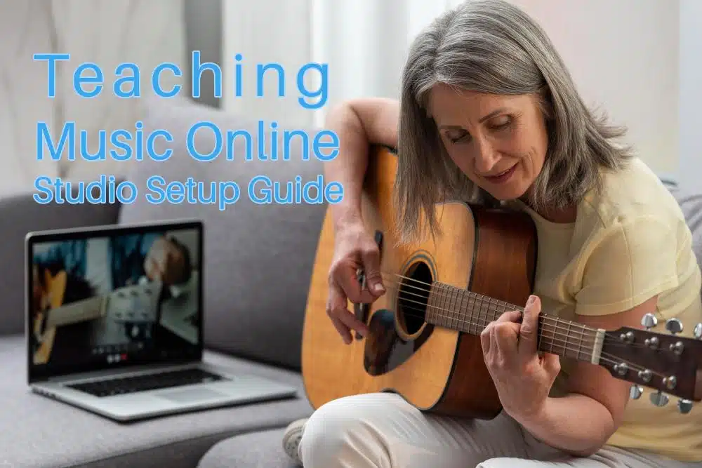 Woman taking online guitar lessons. Featured image for a post for a studio setup guide for teaching music online