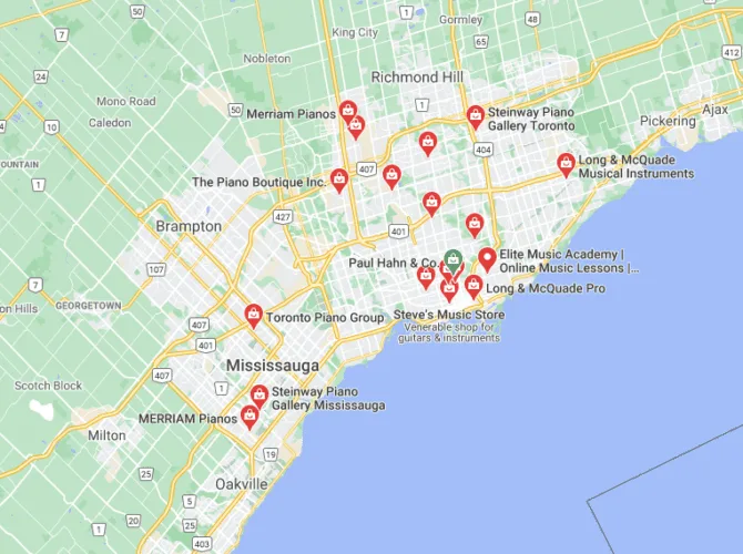 Map view of Toronto's many piano stores